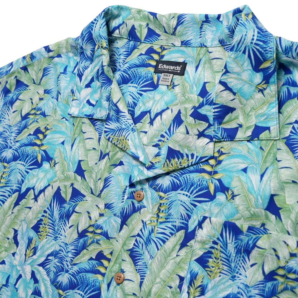 Edwards Mens 5XLT Blue Hawaiian Palm Leaf Tropical Camp Collar Shirt Big Tall